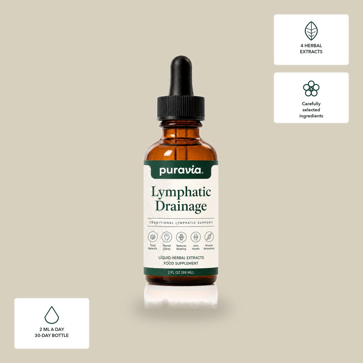 Puravia Lymphatic Drainage — 4 herbal extracts, carefully selected ingredients, 30-day bottle