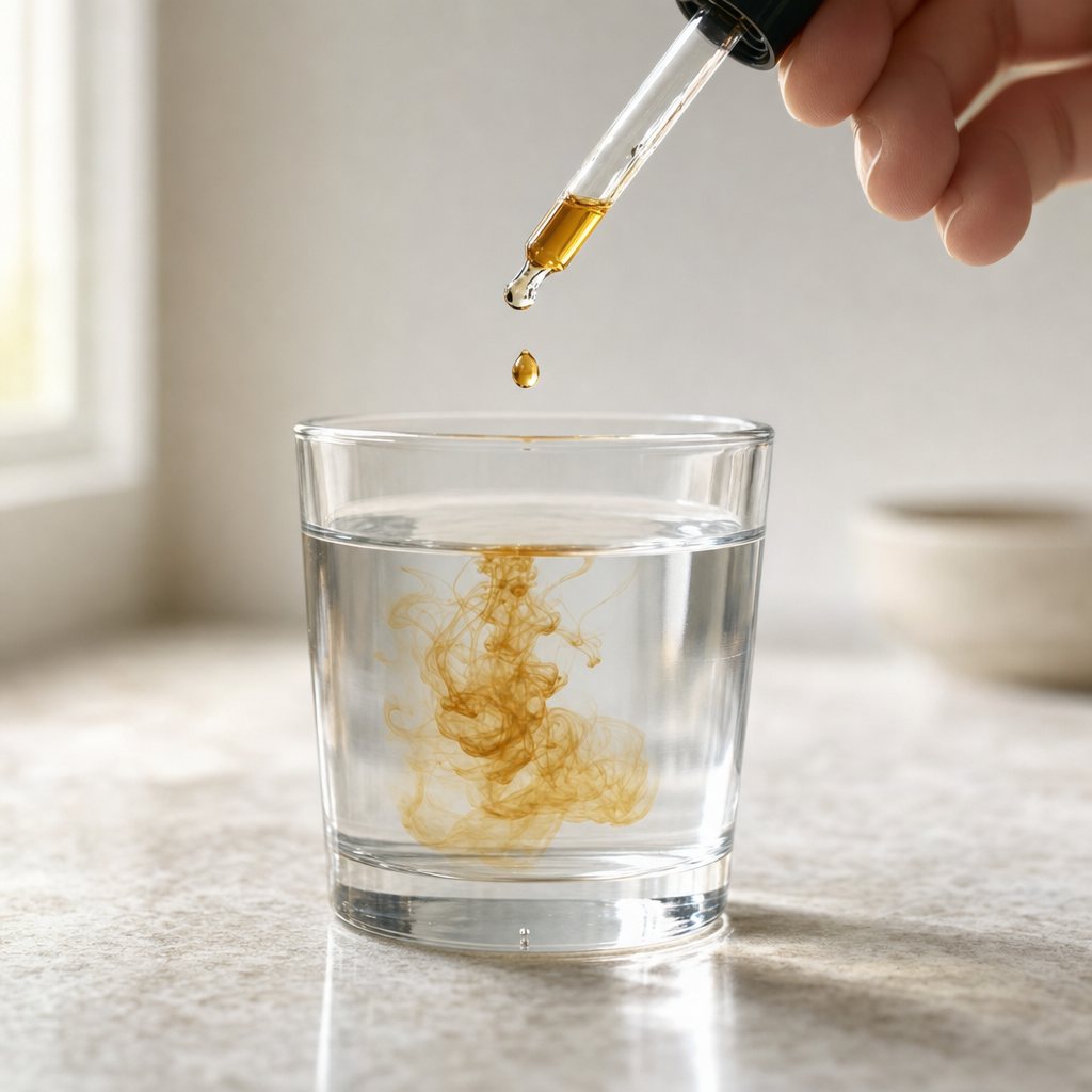 Pipet die Puravia in een glas water druppelt