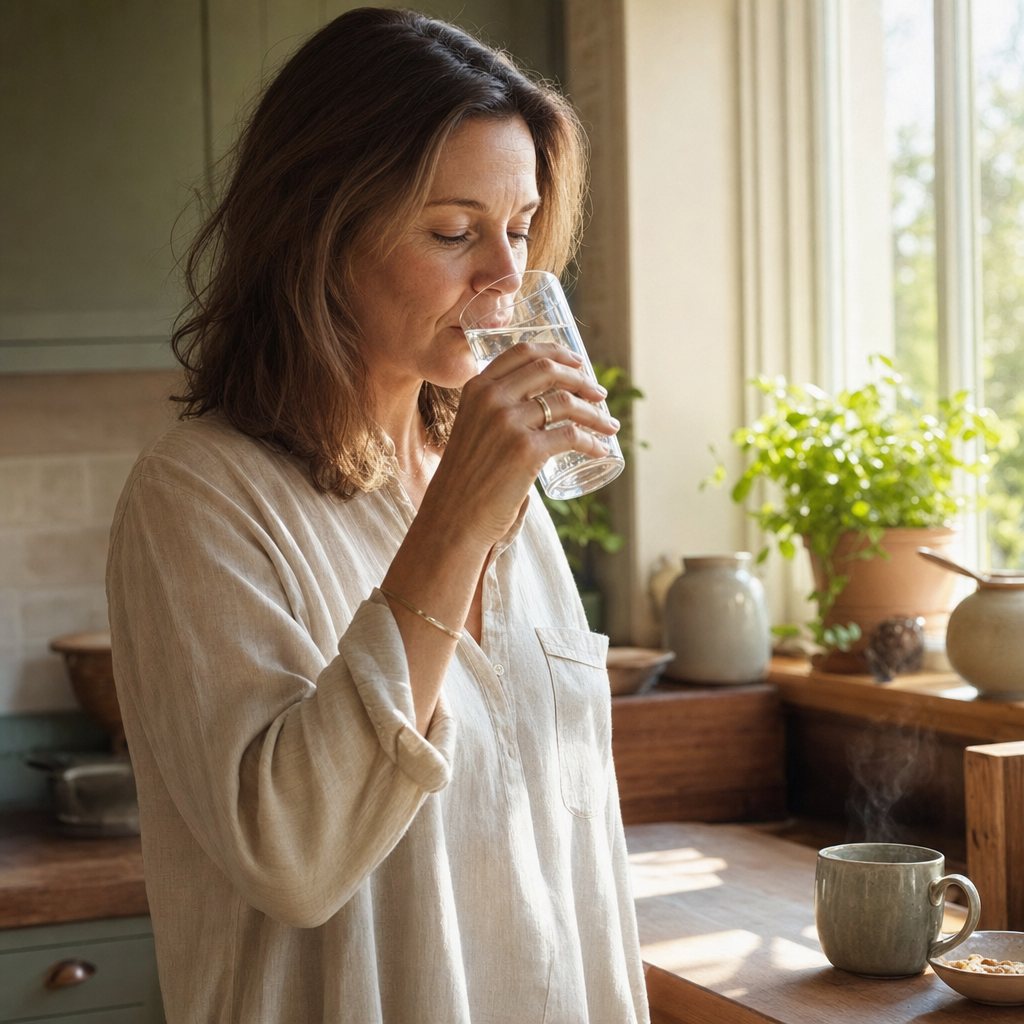 Vrouw drinkt een glas water bij het keukenraam